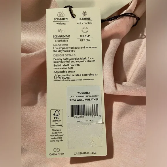 CALIA LUSTRALUX CROP LOW SUPPORT EXERCISE TOP SPORTS BRA LIGHT PINK SZ SMALL NWT - Picture 12 of 13